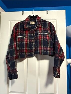 We The Free Cropped Plaid Jacket in Navy and Red